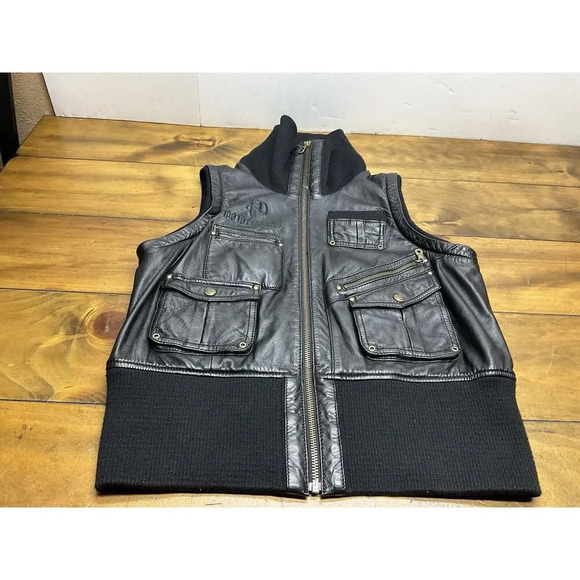 Harley-Davidson Vest XL Embroidered Brown Leather Motorcycle Wool Blend Y2K - Picture 1 of 14